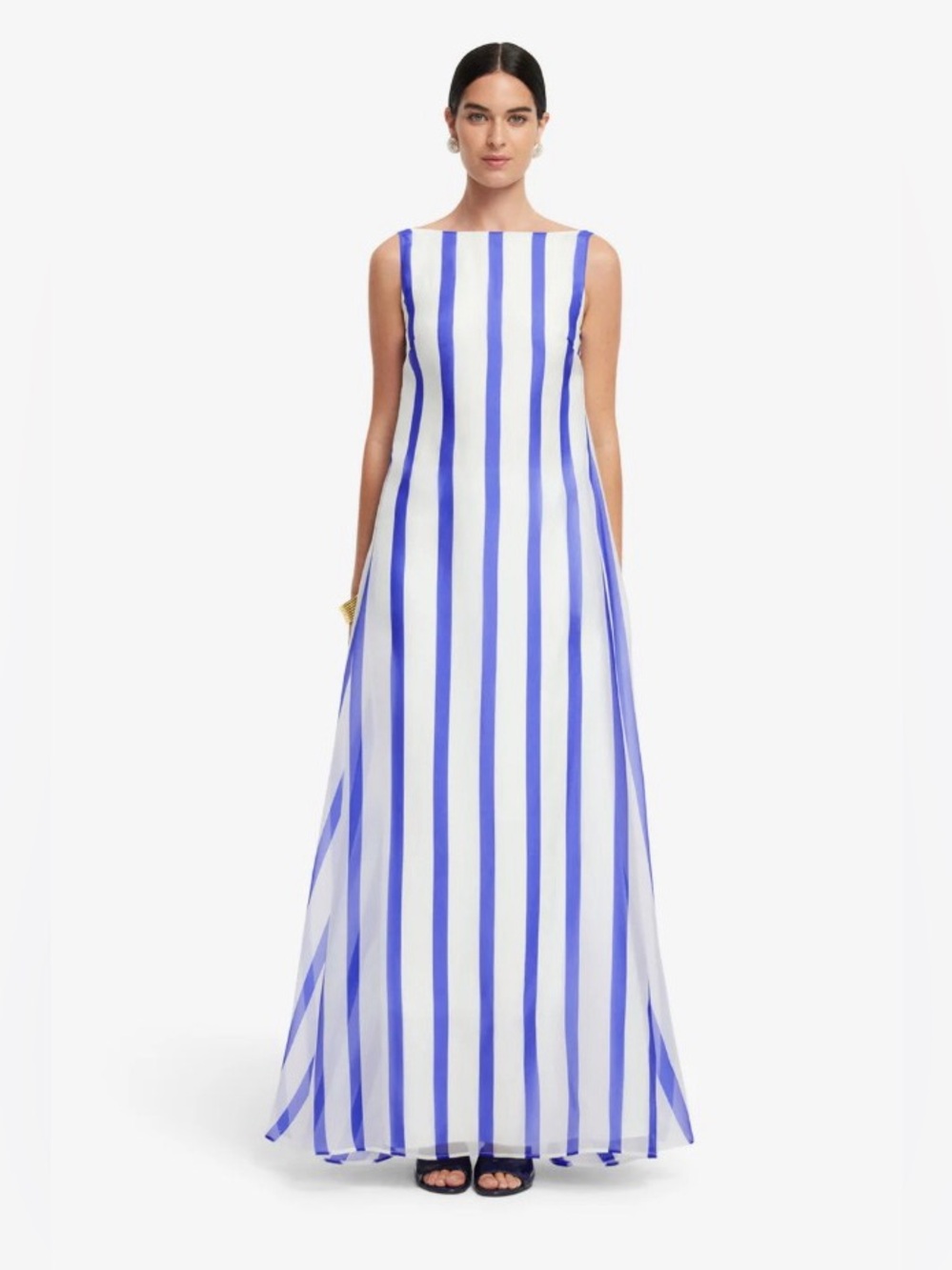 Leo Lin Yumei Blue Striped 100% Silk Open Back Gown Maxi Dress AU8/US4 NWT